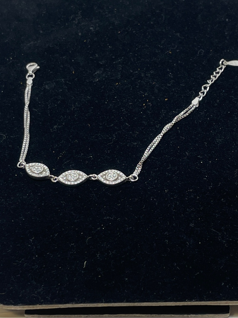 925 Estate Sterling Crystal Flex Silver Eye Double Chain Bracelet - 7.25" Length